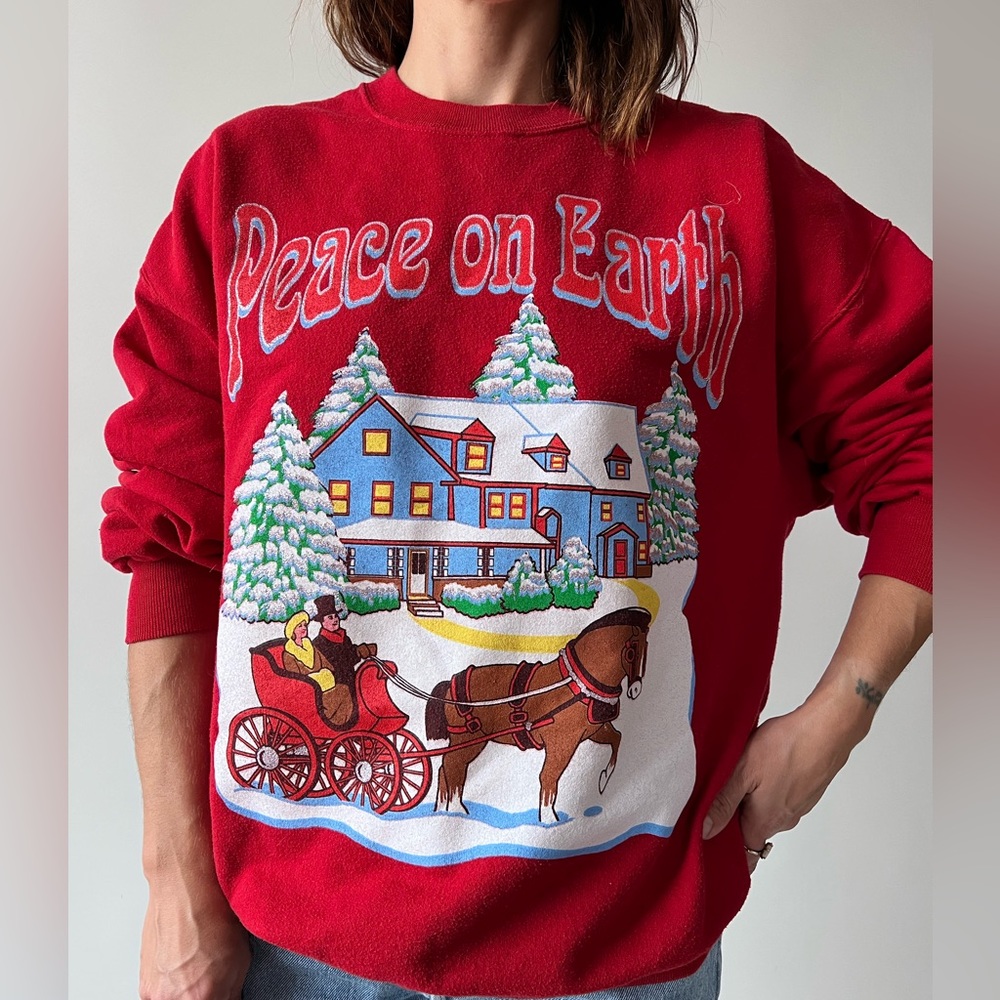 SOLD Peace on Earth, holiday red sweashirt